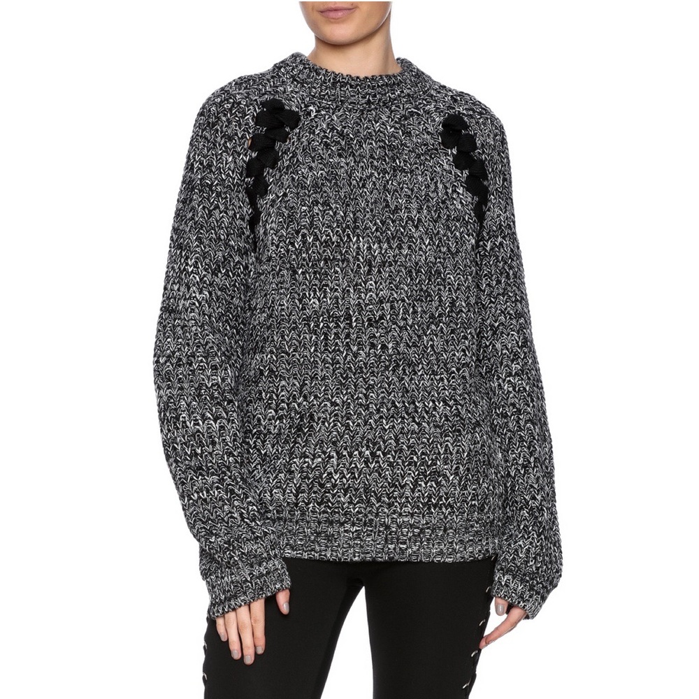 J.O.A. B&W Chunky Marled Knit Lace-Up Sweater 🖤
